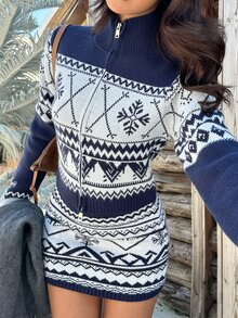 Sweetra Autumn/Winter Fair Isle Long Sleeve Sweater And Mini Skirt 2 Pieces Set - Multicolor - View 4