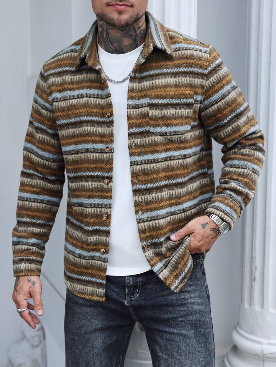 Manfinity Homme 男士條紋拼接配色鈕扣大衣 - 咖啡棕 - 查看 1