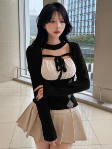 FRIFUL Women's 2 In 1 Patchwork Casual Daily Wear Sweater - Black - View 5