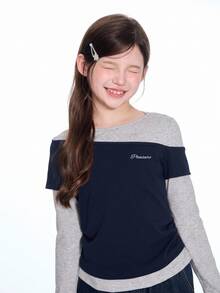 Dazy Kids Kaos Kasual Sehari-hari Model Dua Potong Patchwork untuk Remaja Perempuan - Grey - View 5