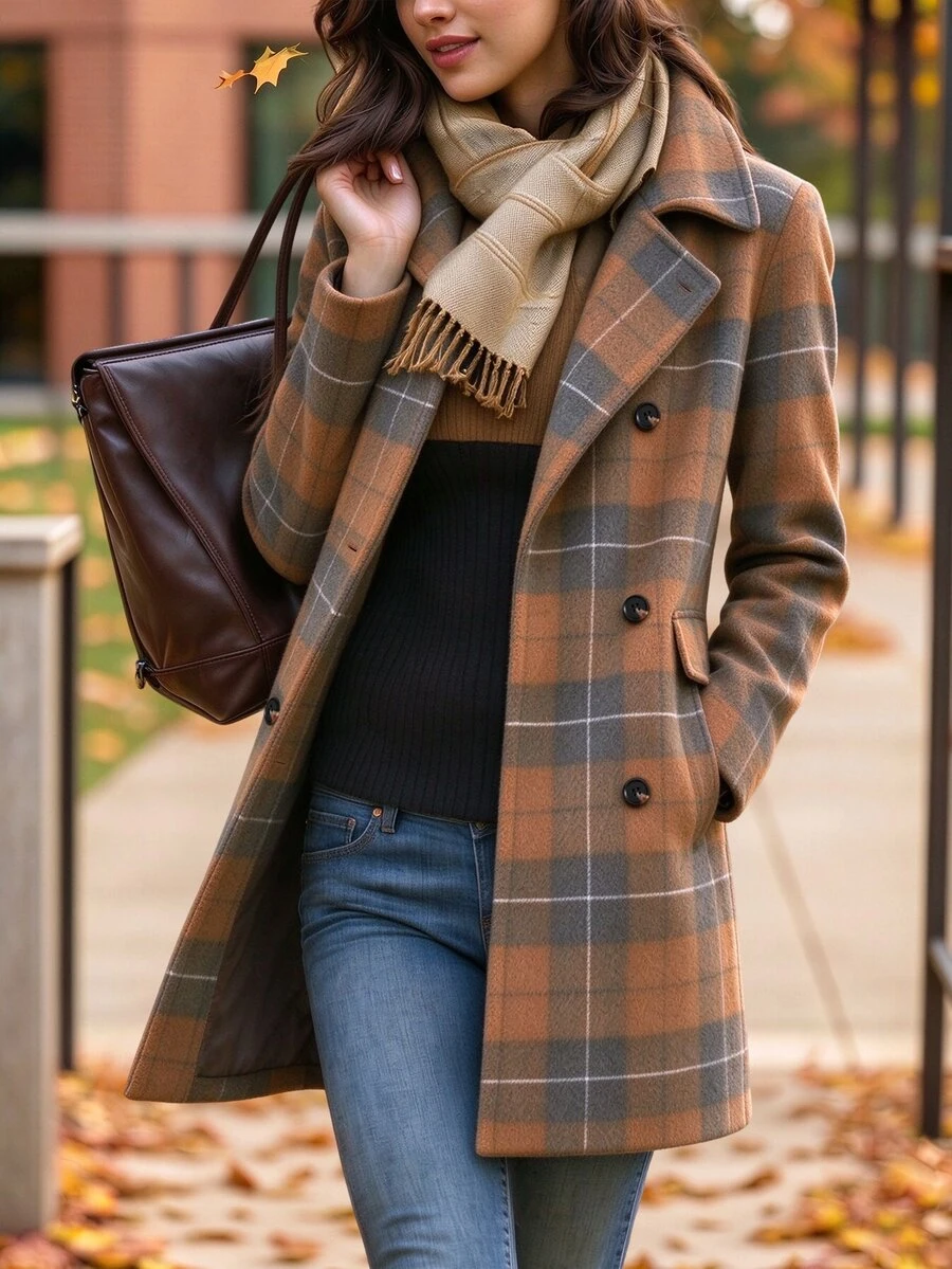 Holdful Holdful Winter Clothes Women's Brown Grey Plaid Wool Blend Coat, Notched Collar, Double Breasted Button - Multicolor - View 1