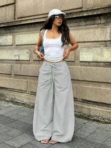 Coolane 女款夏季街頭風休閒基礎日常穿搭圖案條紋舒適寬鬆低腰直筒寬腿高腰長褲 - 綠色 - 查看 4