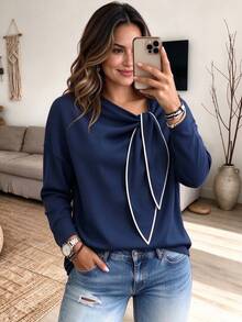 Weeklong 2026 Plus Size Fall New Elegant Casual Knit Top, Contrast Edge Tie Loose Long Sleeve Pullover, Suitable For Work Office Confirmation T-Shirt - Navy Blue - View 6