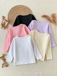 SHEIN 5件裝女童幼兒舒適柔軟純棉休閒可愛百搭圓領長袖簡約T恤，適合秋冬日常穿著，百搭舒適可愛 - 彩色 - 查看 3