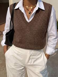 DAZY Solid V-Neck Sweater Vest Without Blouse,Fall Clothes - Brown - View 6