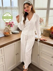 Snug Reverie طقم بيجامة خريفية بأسلوب لطيف من القطن الخالص بنسيج جاكار، بياقة طراز الفتيات وأكمام طويلة وبنطال فضفاض واسع الساق للمنزل - أبيض - مشاهدة 5