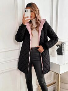 SHEIN Clasi 女款冬季保暖內裡連帽夾克 露營度假 黑色休閒 - 淺粉色 - 查看 5