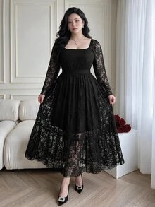 Vibekara Plus Size French Square Neck Lace Dress For Women, Ruffle Long Sleeve, Cinched Waist, Flared Midi Length, Elegant Slimming Long Dress - Black - View 3