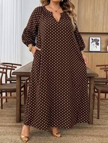 SHEIN CURVE+ فستان بطبعة نقاط بولكا فرنسية للمقاسات الكبيرة - بني - مشاهدة 3