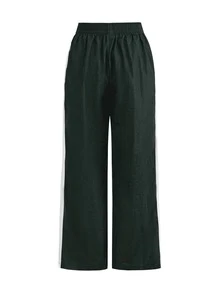 SHEIN Cheerettes 女款純色百褶休閒百搭日常旅行運動長褲 黑白色 寬鬆版型 寬腿 側條紋 鬆緊腰 雙口袋 - 墨綠色 - 查看 9