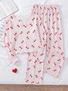 SHEIN Tween女孩櫻桃圖案V領長袖上衣與長褲睡衣套裝 Twee - 粉色 - 查看 10