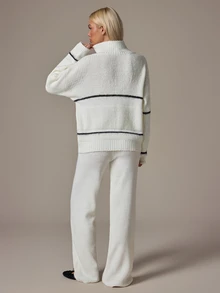 SHEIN Contrast Stripe Henley Neck Knit Lounge Set - White - View 2