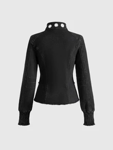 ROMWE Grunge Punk Street Punk Dark Grey Washed Cinched Waist Deconstructed Women's Denim Jacket - Dark Grey - View 2
