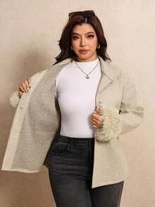 Elaquor Plus Size Women's Casual Versatile Knotted Waist Wool Blend Jacket - Apricot - View 7