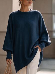 Velvienne Plus Size Ribbed Crew Neck Lantern Long Sleeve Loose Tunic Top, Curvy Casual Solid Color Plus Size Tee For Women Loose Fit, Long Sleeve Top Plus Size, - Blue - View 5