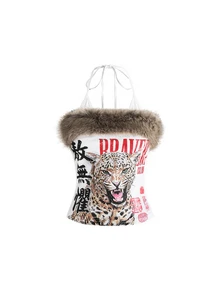 ROMWE Vintage Y2K Hot Girl 2 In 1 Halter Neck Patchwork Faux Fur Subculture New Chinese Style Leopard Print Fitted Tank Top - White - View 1