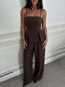 SHEIN Tall Setelan 2 Potong Atasan dan Celana Panjang Wanita dengan Detail Renda dan Ikat Pinggang - Coffee Brown - View 1