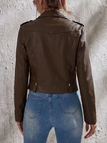 SHEIN Tall 秋冬款高個女性拉鍊 PU 外套 - 棕色 - 查看 2