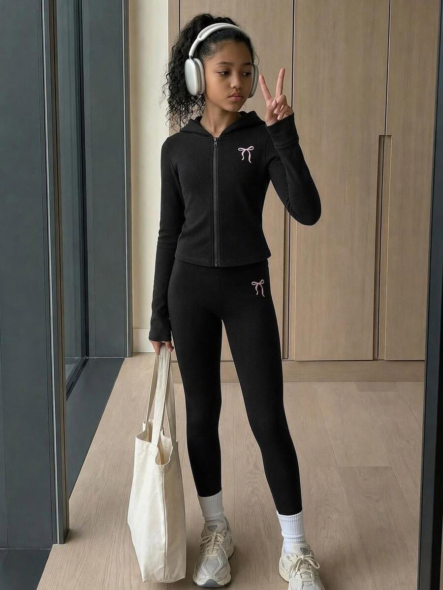 SHEIN Tween Girl Tween Girl Casual Minimalist Sporty Ribbed Knit Bow Print Hooded Zip-Up Jacket And Leggings 2 Pieces Set, Autumn/Winter Daily Wear - Black - View 1