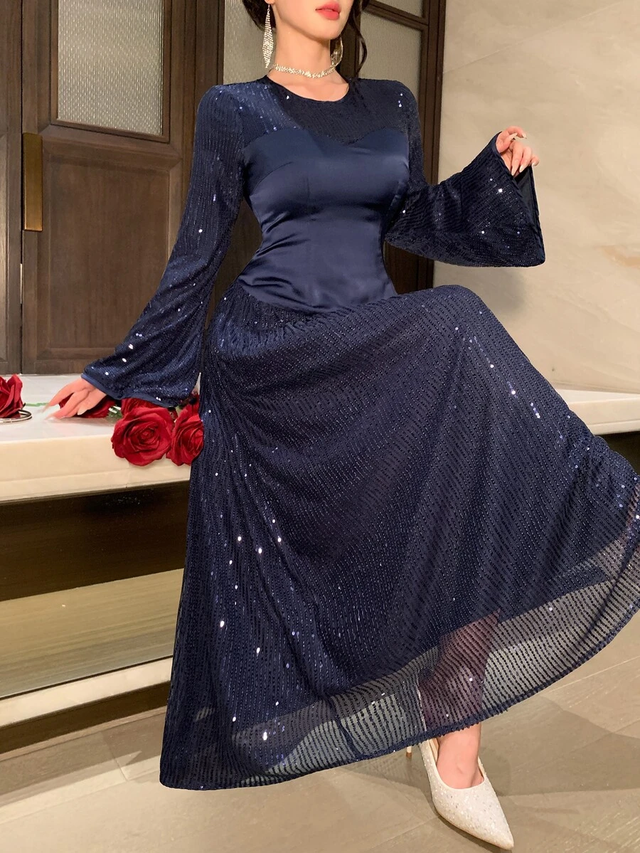 DAZY Women's Elegant Sequin Long Sleeve Evening Dress - Navy Blue - View 1