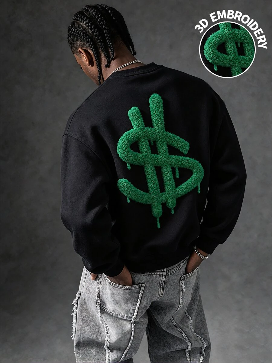 Manfinity EMRG Unisex Loose-Fit Black Polyester Crew Neck Sweatshirt With 3D Embroidered Dollar Sign Graphic For Streetwear - Black - View 1