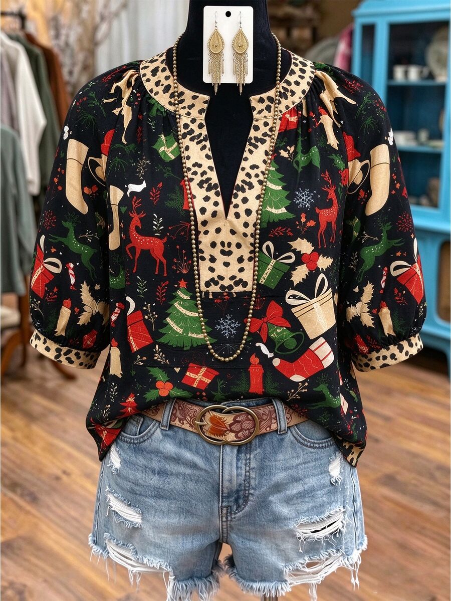 Linhara Fashion Casual Vacation Vintage Elegant Commute 3/4 Sleeve Blue Printed Blouse Fall - Multicolor - View 1