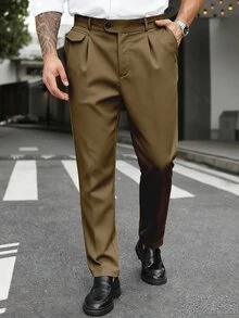 Manfinity Mode 大尺碼男士純色口袋休閒錐形正式長褲，儀式穿著 - 棕色 - 查看 3