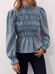 Nöista Plaid, Pleated Long-Sleeved Shirt ,Ruffle, Retro,Pastoral , Youthful,Comfortable Breathable, Essential Wardrobe Staple. Fall Winter, Elegant, - Blue - View 5