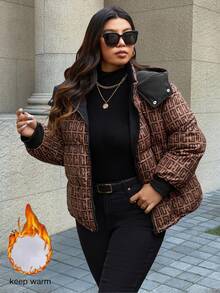 Easura Plus Size Letter Print Zipper Hooded Padded Coat - Brown - View 3