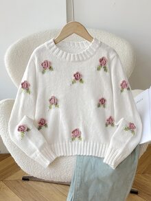 SHEIN Tween女孩秋冬休閒優雅甜美可愛粉色與白色3D花卉裝飾套頭毛衣，年輕時尚穿搭，適合返校、秋冬出遊、日常穿著 - 米色 - 查看 3