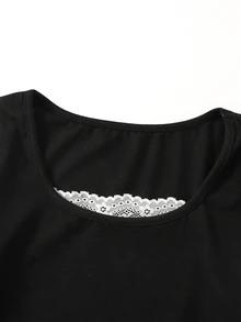 SHEIN 少女蕾絲拼接休閒日常穿著襯衫 - 黑色 - 查看 4