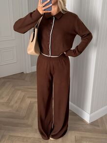 Pariaura Women Polo Neck Button Front Sweater Cardigan And Flare Sweater Pant 2pcs Set Co-Ords - Brown - View 5