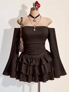 SHEIN ICON 女款純色抓皺露肩休閒派對迷你洋裝 - 棕色 - 查看 3
