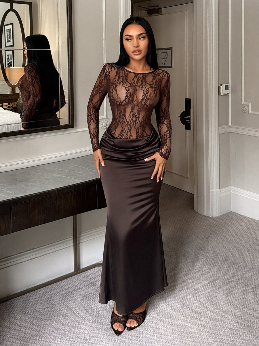 SHEIN SXY Women's Sexy Lace Ruffle Long Sleeve Dress - Coffee - View 1