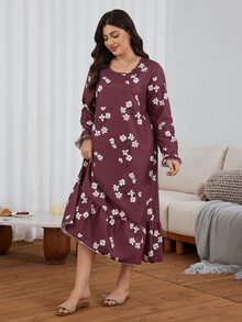 Serenescape Plus Size Bubble Crepe Ditsy Floral Ruffle Trim Long Sleeve Nightgown - Redwood - View 1