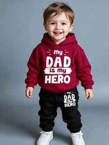 男嬰字母「My Dad Is My Hero」連帽衛衣與慢跑褲套裝，紅黑配色（1套）秋冬款 - 彩色 - 查看 1
