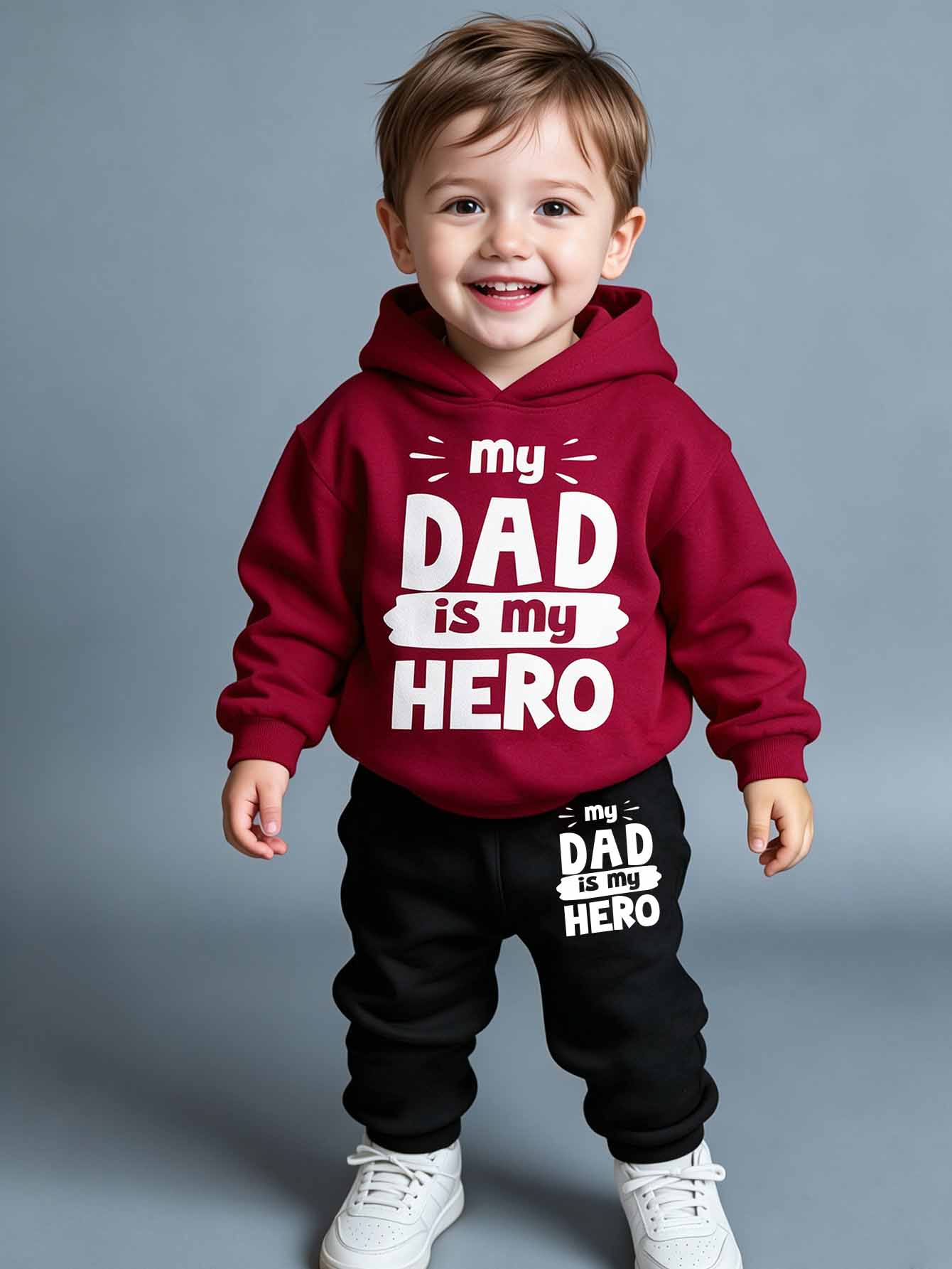 男嬰字母「My Dad Is My Hero」連帽衛衣與慢跑褲套裝,紅黑配色(1套)秋冬款 - 彩色 - 查看 1