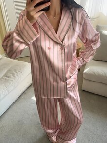 DAZY Women's Striped Double-Breasted Long Sleeve Top And Pants Pajama Set - Pink - View 1