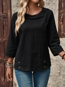 EMERY ROSE Áo sơ mi nữ tay dài vải linen màu trơn đơn giản phong cách thường ngày, áo kiểu tay dài - màu đen - Xem 3
