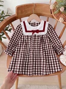 SHEIN Baby Girl Bow Decor Plaid Long Sleeve Cute Dress - Red - View 8
