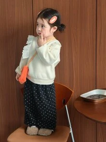 Dazy Kids بلوزة رياضية للبنات الرضع بياقة دائرية وحافة مكشكشة وأكمام طويلة للخريف/الشتاء - بيج - مشاهدة 3