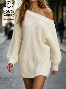 SHEIN New Spring Fall Coquette Diagonal Off Shoulder Chunky Knit Mini Dress Women Drop Shoulder Oversized - Apricot - View 6