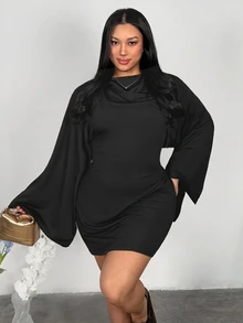 Firerie Women's Plus Size Solid Color Flared Sleeve Ruched Fitted Fashion Dress - Black - View 3