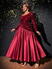 Viva Relle Plus Size French Vintage Cinched Waist Asymmetric Shoulder Elegant Dress - Burgundy - View 5