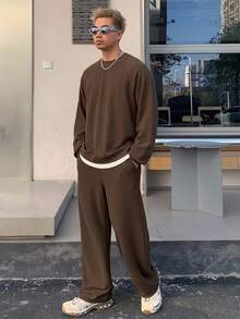 DAZY 2件組 男士 2合1 T恤與直筒長褲套裝，舒適休閒穿搭 - 棕色 - 查看 6