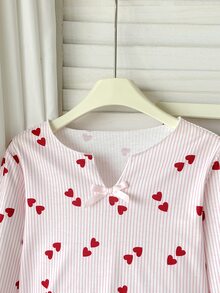 SHEIN Tween女孩櫻桃圖案V領長袖上衣與長褲睡衣套裝 Twee - 粉色 - 查看 7