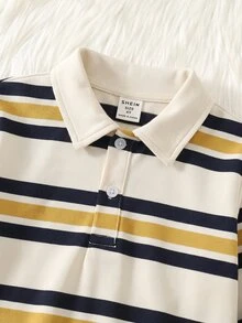 SHEIN 2件組男孩秋冬休閒條紋 Polo 領長袖套頭上衣與休閒長褲套裝，男孩套裝，條紋套裝，秋冬套裝，Polo 套裝 - 彩色 - 查看 4