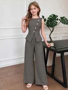SHEIN Tween女孩2件套：灰藍色背心上衣＋長褲，兒童休閒可愛優雅亮面提花珍珠鈕扣開襟衫長褲，生日夏季穿搭 - 灰色 - 查看 8