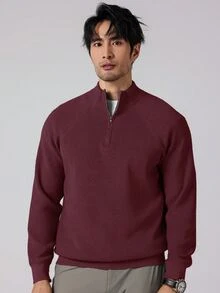 Marvello Homme 大尺碼男士純色極簡休閒半拉鍊長袖針織衫，秋冬款 - 酒紅色 - 查看 3