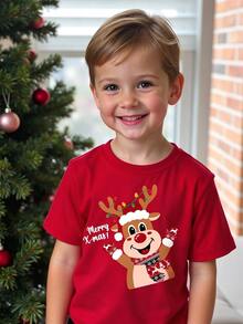 Young Boy Casual Minimalist Kids Round Neck Short Sleeve Loose Fit T-Shirt Suitable For Summer Christmas Elements - Multicolor - View 1